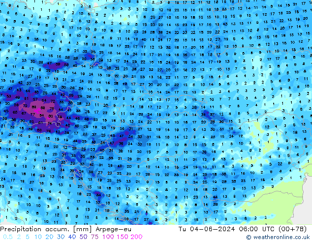 Precipitation accum. Arpege-eu mar 04.06.2024 06 UTC