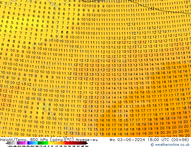 Height/Temp. 850 hPa Arpege-eu Mo 03.06.2024 18 UTC