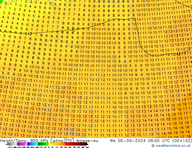 Height/Temp. 850 hPa Arpege-eu śro. 05.06.2024 06 UTC