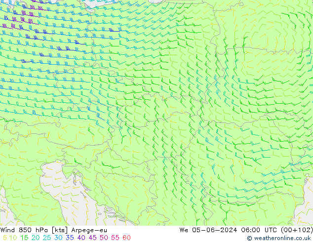 Wind 850 hPa Arpege-eu Mi 05.06.2024 06 UTC