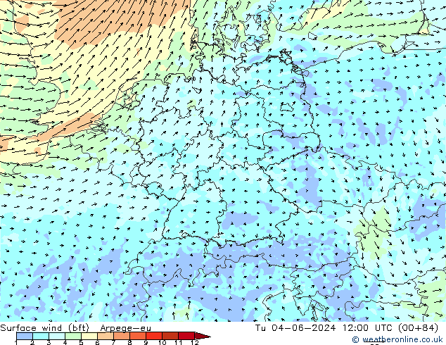 Bodenwind (bft) Arpege-eu Di 04.06.2024 12 UTC