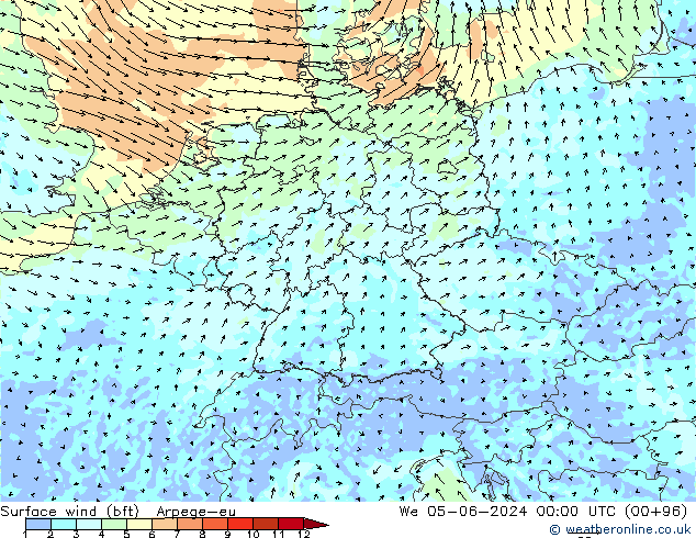 Rüzgar 10 m (bft) Arpege-eu Çar 05.06.2024 00 UTC