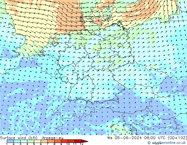 wiatr 10 m (bft) Arpege-eu śro. 05.06.2024 06 UTC