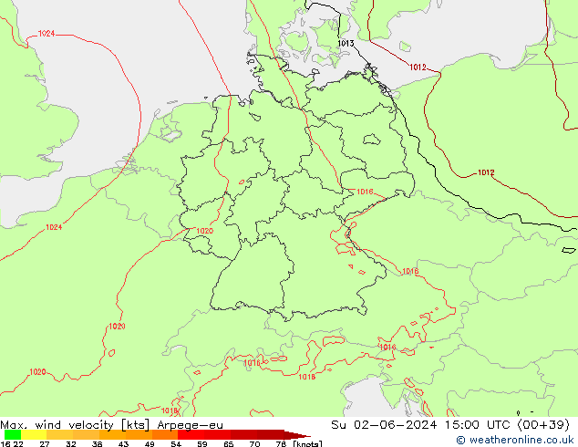 Max. wind velocity Arpege-eu Su 02.06.2024 15 UTC