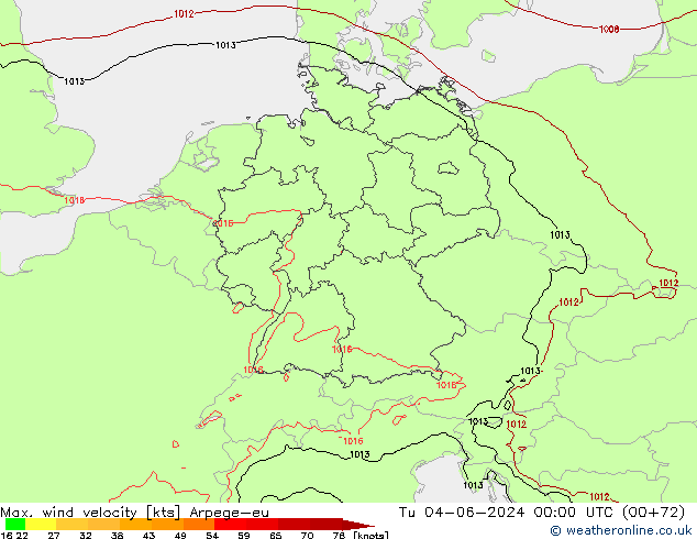 Max. wind velocity Arpege-eu Tu 04.06.2024 00 UTC