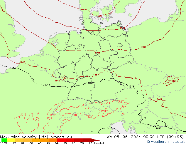 Max. wind velocity Arpege-eu śro. 05.06.2024 00 UTC