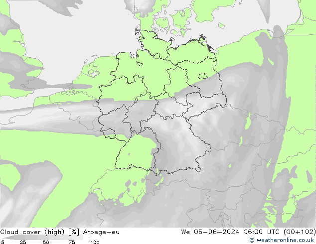 Cloud cover (high) Arpege-eu We 05.06.2024 06 UTC