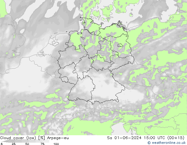 Cloud cover (low) Arpege-eu Sa 01.06.2024 15 UTC