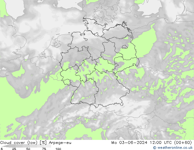 Cloud cover (low) Arpege-eu Mo 03.06.2024 12 UTC