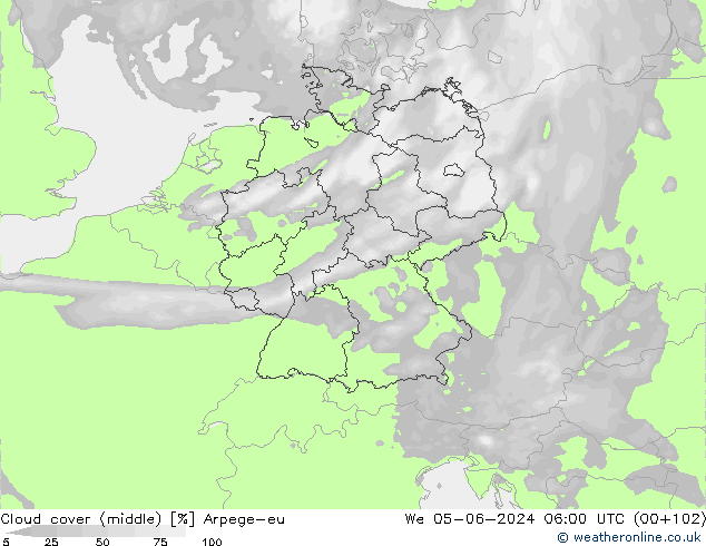 Cloud cover (middle) Arpege-eu We 05.06.2024 06 UTC