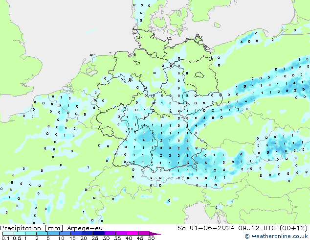 Precipitazione Arpege-eu sab 01.06.2024 12 UTC