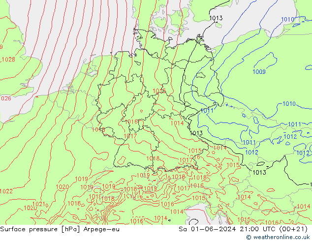 Atmosférický tlak Arpege-eu So 01.06.2024 21 UTC