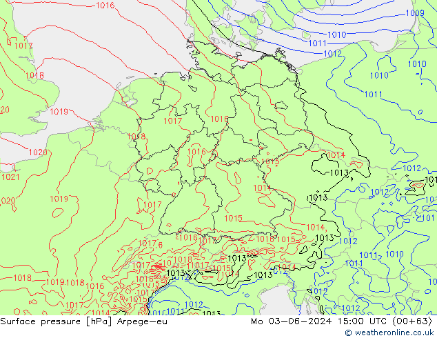 Surface pressure Arpege-eu Mo 03.06.2024 15 UTC