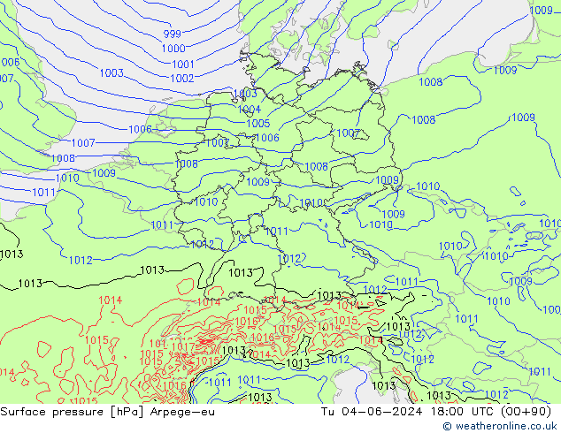 Surface pressure Arpege-eu Tu 04.06.2024 18 UTC