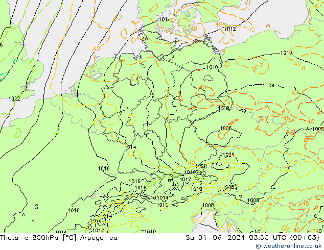 Theta-e 850hPa Arpege-eu 星期六 01.06.2024 03 UTC