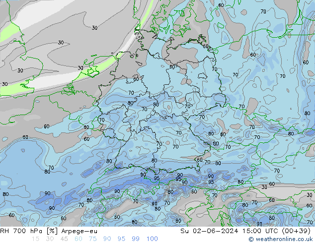 RH 700 гПа Arpege-eu Вс 02.06.2024 15 UTC