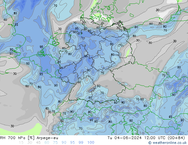 RH 700 hPa Arpege-eu Tu 04.06.2024 12 UTC