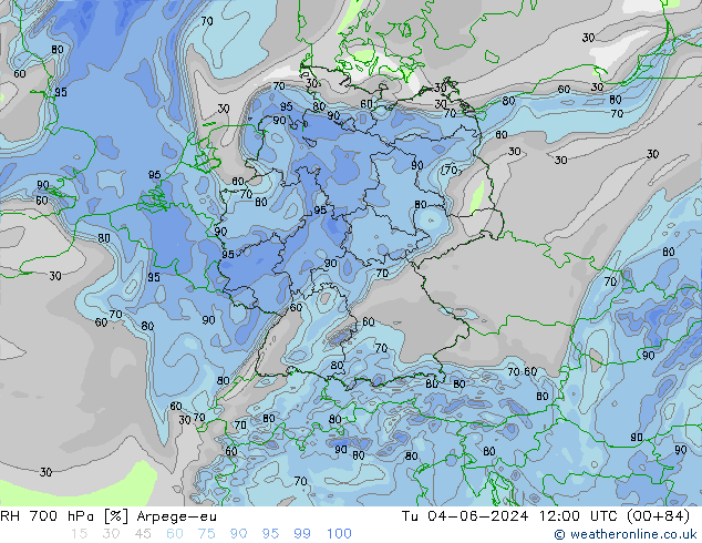 RH 700 гПа Arpege-eu вт 04.06.2024 12 UTC