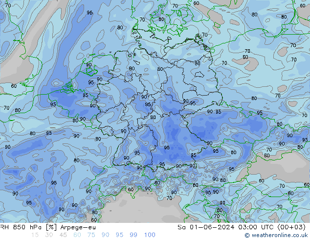 Humidité rel. 850 hPa Arpege-eu sam 01.06.2024 03 UTC