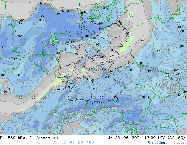 RH 850 hPa Arpege-eu Seg 03.06.2024 12 UTC