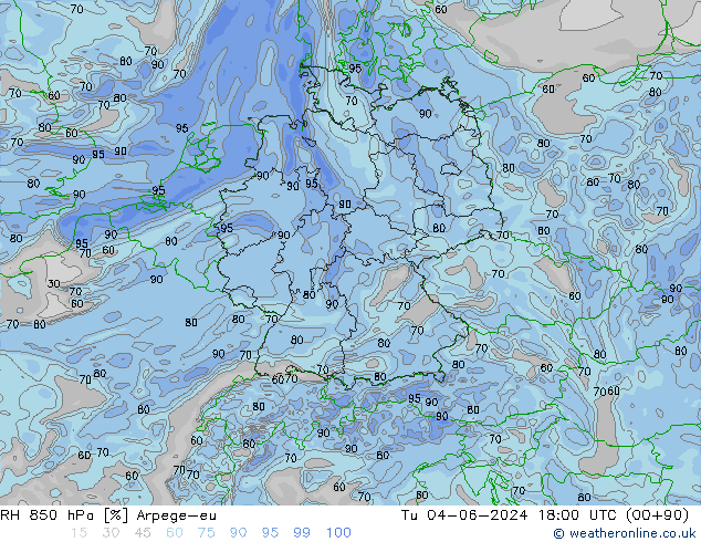 RH 850 hPa Arpege-eu Tu 04.06.2024 18 UTC