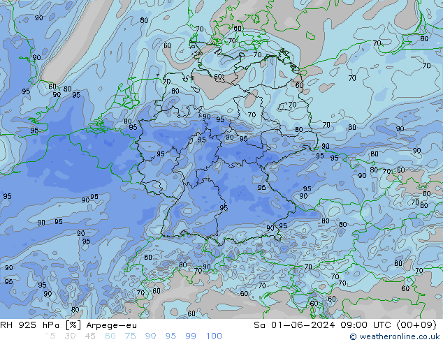 RH 925 hPa Arpege-eu sab 01.06.2024 09 UTC