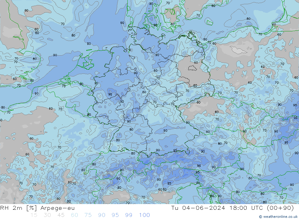 RH 2m Arpege-eu Tu 04.06.2024 18 UTC