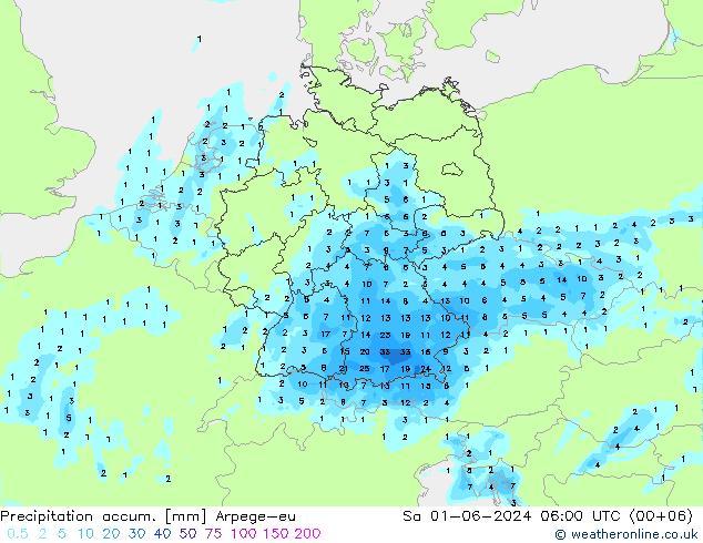 Precipitation accum. Arpege-eu 星期六 01.06.2024 06 UTC