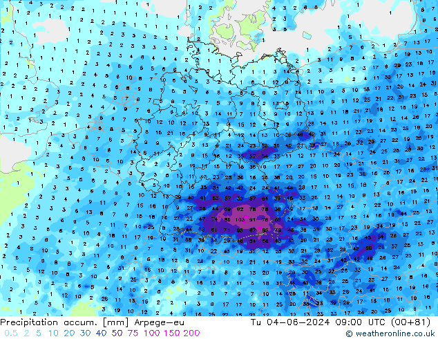 Precipitation accum. Arpege-eu mar 04.06.2024 09 UTC