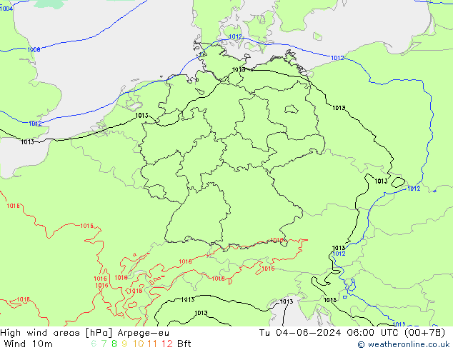 High wind areas Arpege-eu Út 04.06.2024 06 UTC