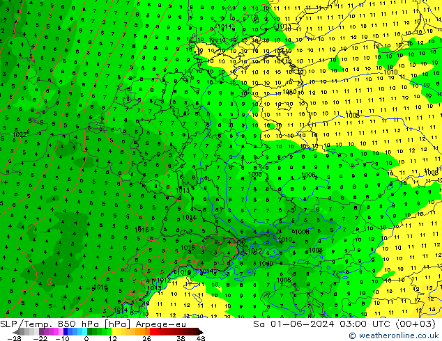 SLP/Temp. 850 hPa Arpege-eu Sáb 01.06.2024 03 UTC