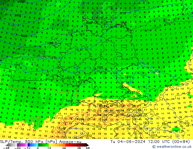 SLP/Temp. 850 hPa Arpege-eu Út 04.06.2024 12 UTC