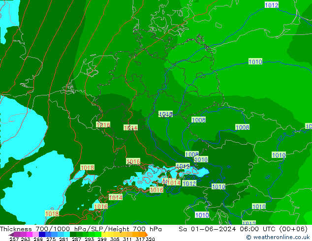 Thck 700-1000 hPa Arpege-eu so. 01.06.2024 06 UTC