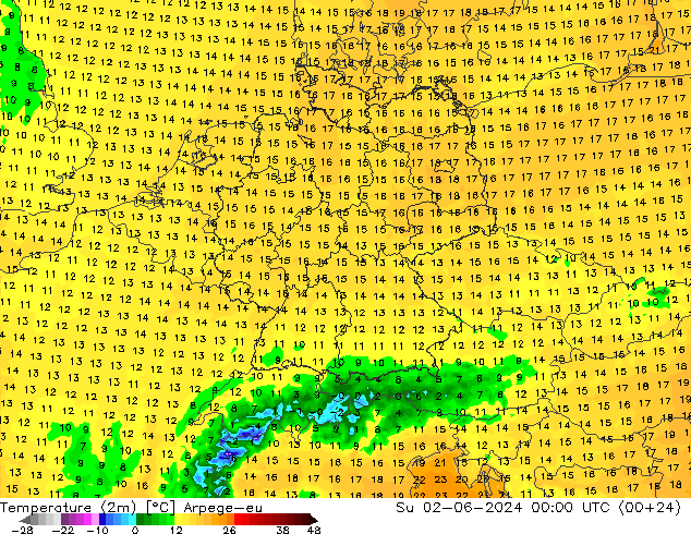 Temperature (2m) Arpege-eu Su 02.06.2024 00 UTC