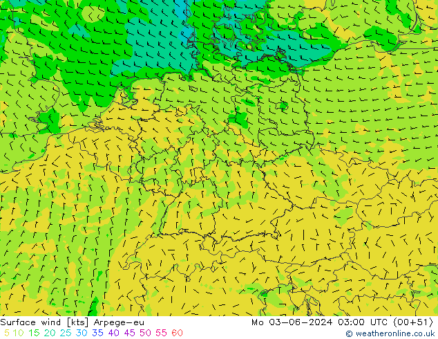 Vento 10 m Arpege-eu Seg 03.06.2024 03 UTC