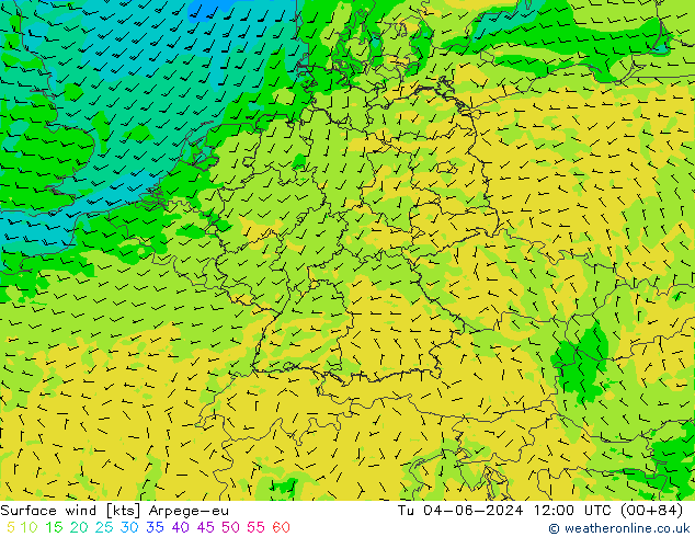 Surface wind Arpege-eu Tu 04.06.2024 12 UTC