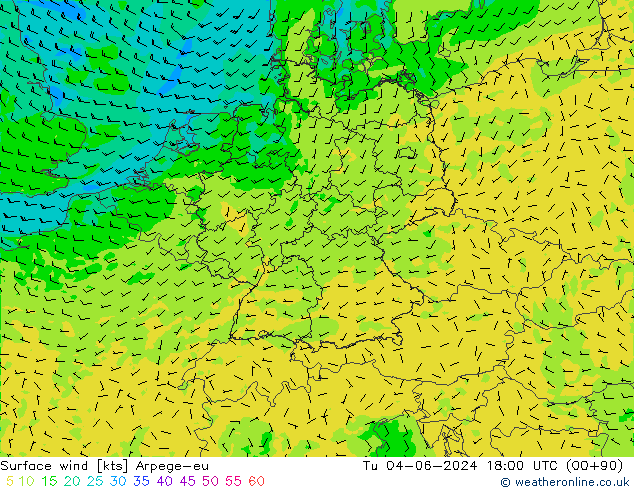 Surface wind Arpege-eu Út 04.06.2024 18 UTC