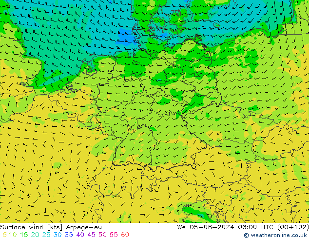 Wind 10 m Arpege-eu wo 05.06.2024 06 UTC