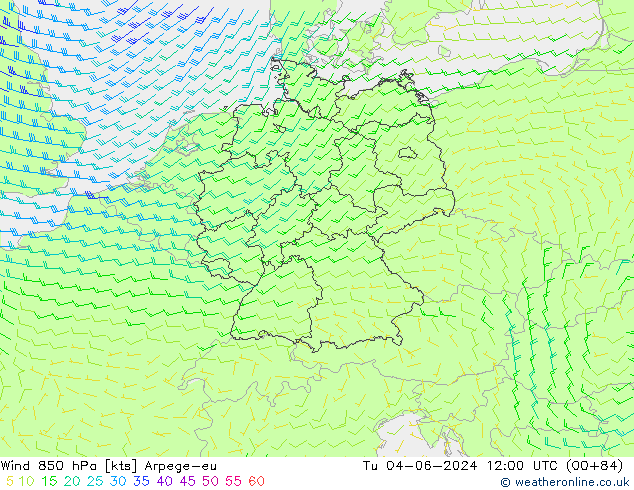 Wind 850 hPa Arpege-eu Út 04.06.2024 12 UTC