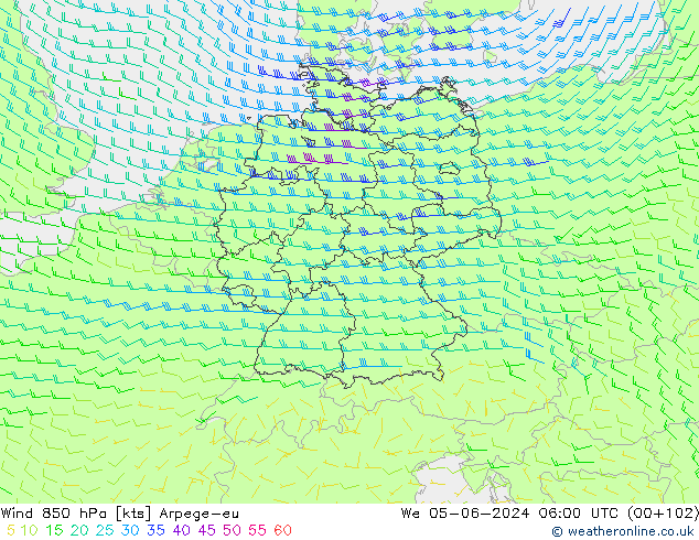 Wind 850 hPa Arpege-eu We 05.06.2024 06 UTC