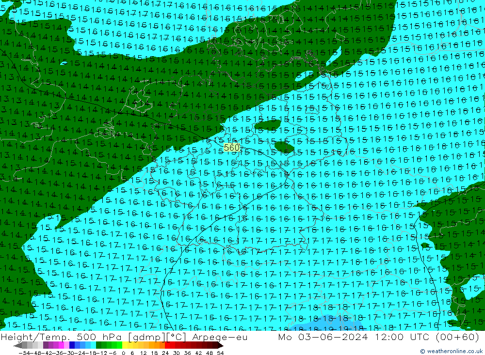 Height/Temp. 500 hPa Arpege-eu lun 03.06.2024 12 UTC