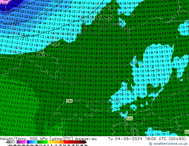 Geop./Temp. 500 hPa Arpege-eu mar 04.06.2024 18 UTC