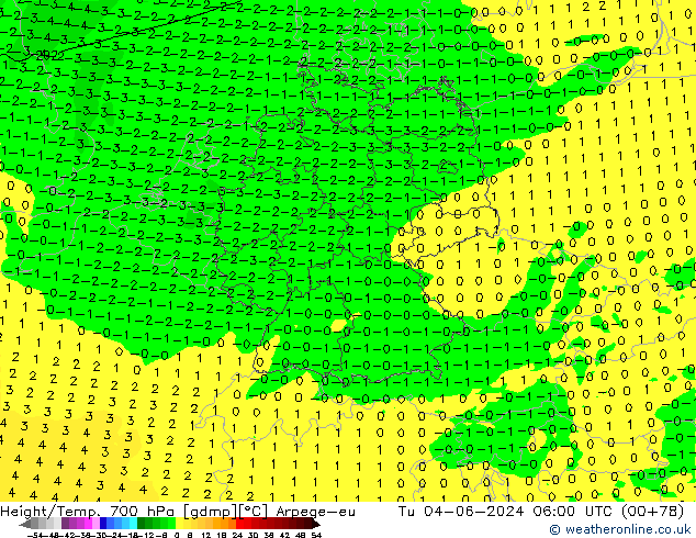 Height/Temp. 700 hPa Arpege-eu  04.06.2024 06 UTC