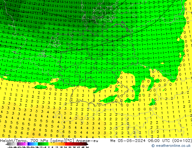 Height/Temp. 700 hPa Arpege-eu  05.06.2024 06 UTC