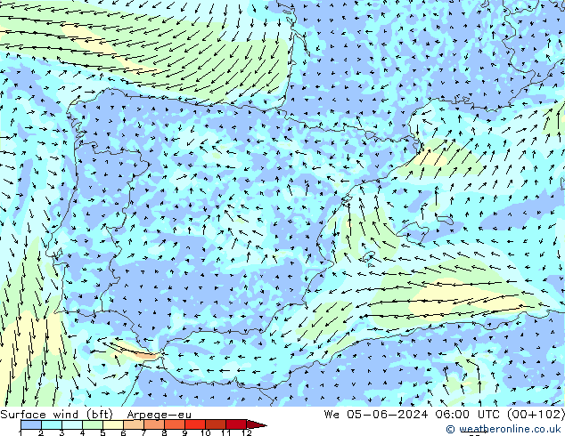 Surface wind (bft) Arpege-eu We 05.06.2024 06 UTC