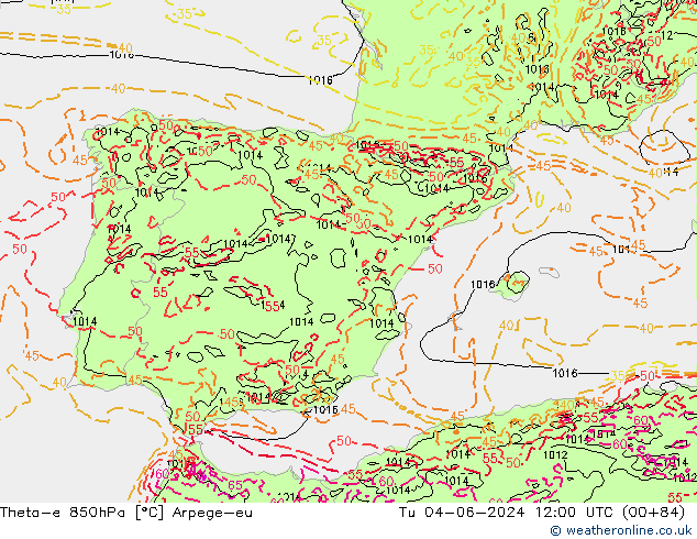 Theta-e 850hPa Arpege-eu Tu 04.06.2024 12 UTC