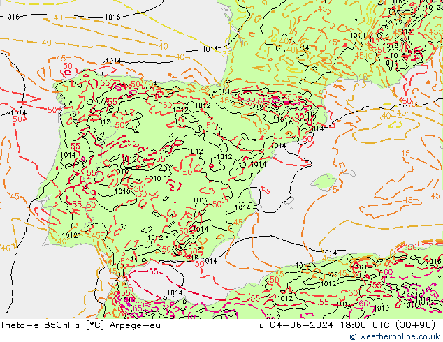 Theta-e 850hPa Arpege-eu  04.06.2024 18 UTC