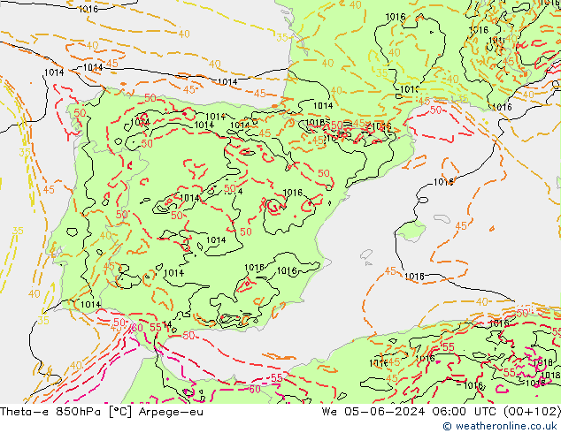 Theta-e 850hPa Arpege-eu St 05.06.2024 06 UTC