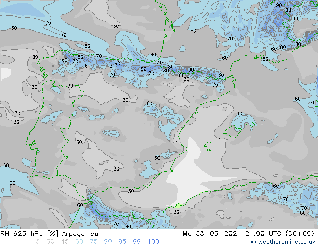 RH 925 hPa Arpege-eu Po 03.06.2024 21 UTC