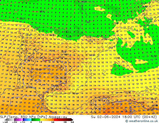 SLP/Temp. 850 hPa Arpege-eu dom 02.06.2024 18 UTC